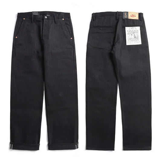 Black Men's Jeans Relaxed Fit 14.5oz Selvedge Denim Officer Trousers