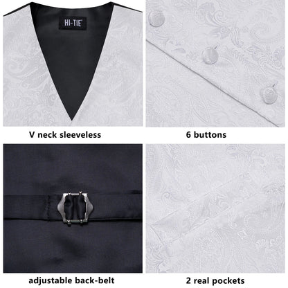 Men's Floral Vest & Tie Hanky Cufflinks Set – Formal Biege Grey White Waistcoat for Weddings Events Party Gift