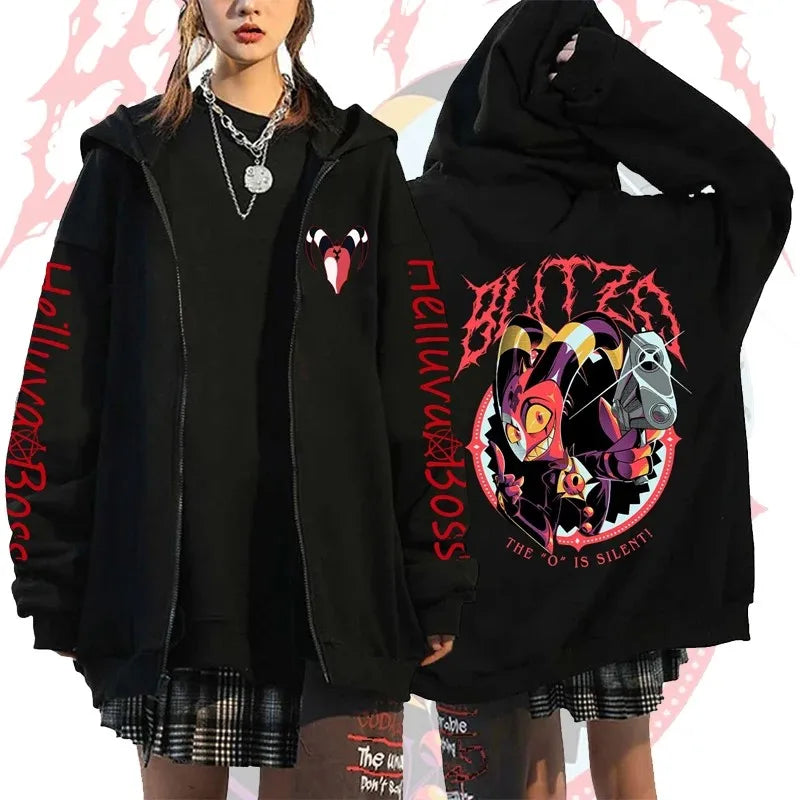 Helluva Boss Cartoon Printed Zipper Hoodies Harajuku Gothic Y2k Zip Up Hoodie Men Clothing Long Sleeve Fleece Casual Streetwear