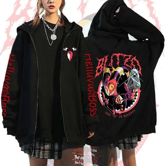 Helluva Boss Cartoon Printed Zipper Hoodies Harajuku Gothic Y2k Zip Up Hoodie Men Clothing Long Sleeve Fleece Casual Streetwear