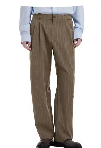 Stripe Men's Pants Slant Pockets Pleated Wide Leg High Waist Loose Fit Button Fly Business Casual Daily Office All-Match Trouser