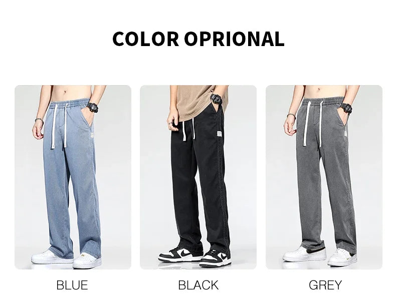 Summer Thin Loose Wide-leg Men Jeans Soft Lyocell Elastic Fashion Casual Straight Drawstring Denim Trousers Black Blue Gray