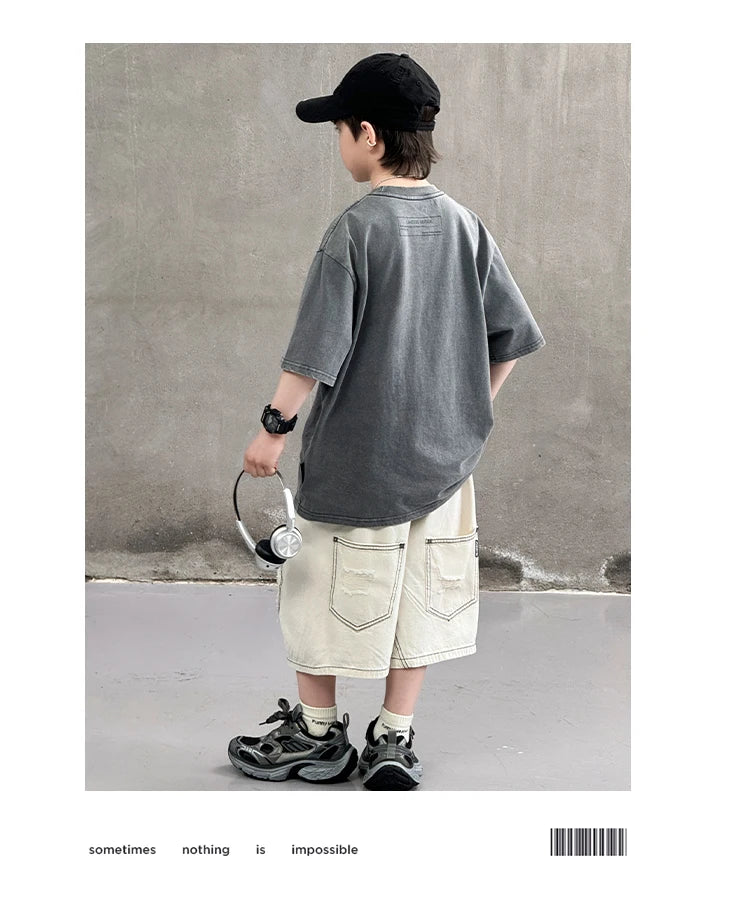 Cool Style Teenager Summer Set T-shirt And Ripped Denim Shorts Clothing Set for Kids Boy Age 7 To 14 Years Children Clothes Suit