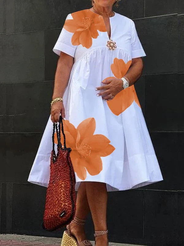 Modigirl Women's Summer New Dress 2025 V-Neck Pleated Short Sleeves White Loose Flower Print Casual Midi Dresses for Woman