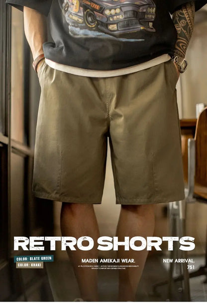 Vintage Khaki Straight Leg Shorts Men's Summer Casual Drawstring Waist Office Shorts Loose Fit Elastic Waist Bottom