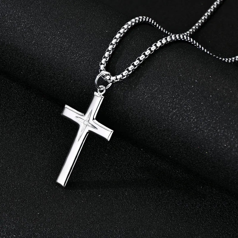 2.2mm Moissanite 925 Sterling Silver Cross Pendant Necklace Stainless Steel Rollo Chain for Men Fashion Party Daily Gift