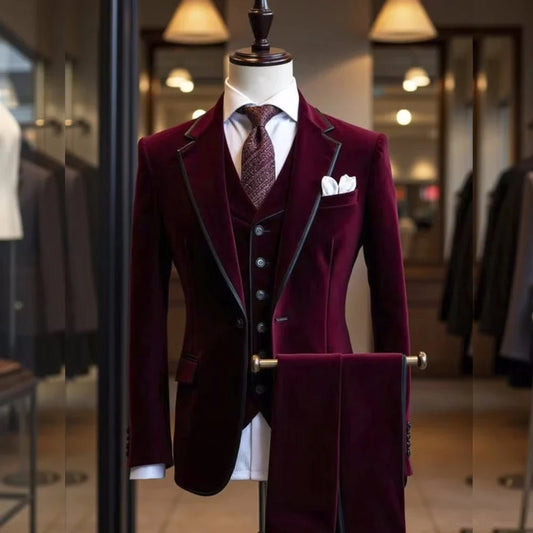 Gentleman Velvet Autumn Winter Suits Set, Men's Formal Tuxedo, Three Pieces, Notched Lapel, Handsome Groom Wear, Dancing Party
