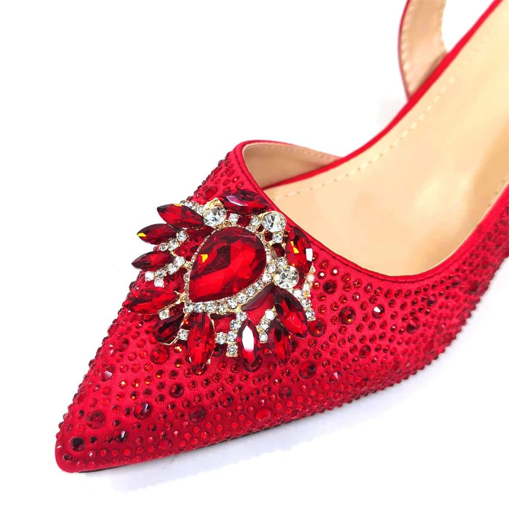 Royal Blue Sandals for Women 2024 Luxury Wedding Pumps Med Heels Rhinestone Design Party Shoes and Bags Set