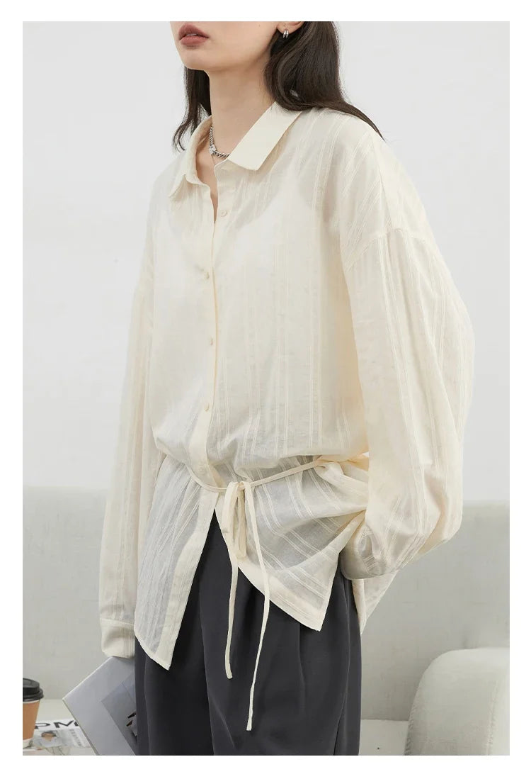 Women Shirt Textured Cotton Striped Waist Shirt Long Sleeves Female Sun Protection Blouses  Spring  Summer 2026