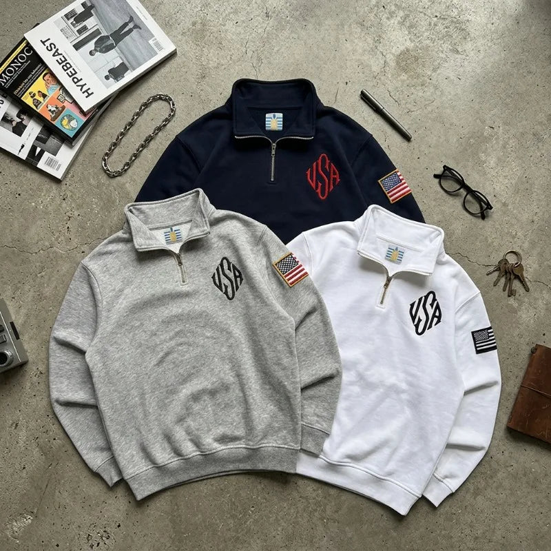 Y2K Navy Blue Quarter Zip Sweatshirt USA Embroidered American Flag Patch Jacket Men Women Vintage Streetwear Fashion Trend Top