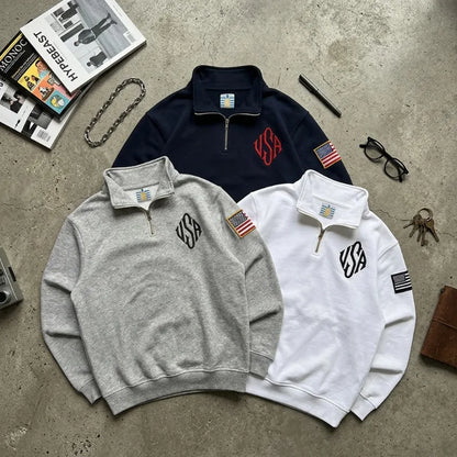 Y2K Navy Blue Quarter Zip Sweatshirt USA Embroidered American Flag Patch Jacket Men Women Vintage Streetwear Fashion Trend Top