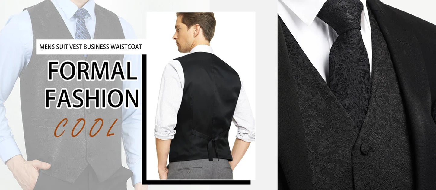Luxury Mens Waistcoat Tie Set White Black Gray Silver Brown Sleeveless Jacket Suit Vest Necktie Hanky Cufflinks Gift