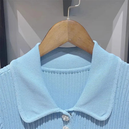 2025 Spring/Summer New Polo Neck Short Sleeve Knitted Dress Y2K Fashion Commuter Elastic Slim Fit Multi Pocket Wrapped Hip Skirt
