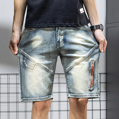 Summer Men's Denim Shorts Retro Motorcycle Elastic Cotton Fashion Knee Length Short Jeans Zipper Hip Hop Rock Streetwear