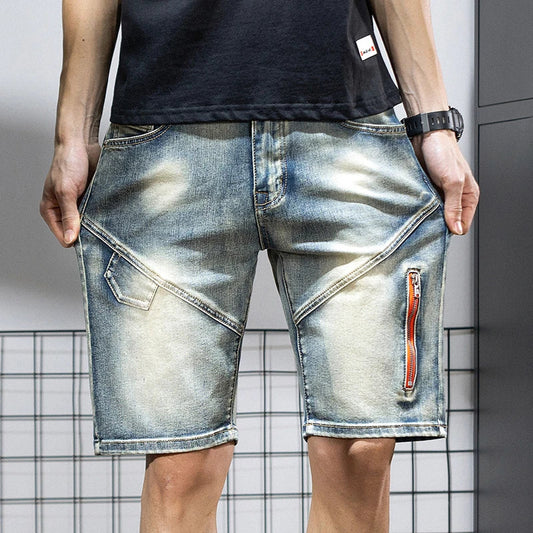 Summer Men's Denim Shorts Retro Motorcycle Elastic Cotton Fashion Knee Length Short Jeans Zipper Hip Hop Rock Streetwear