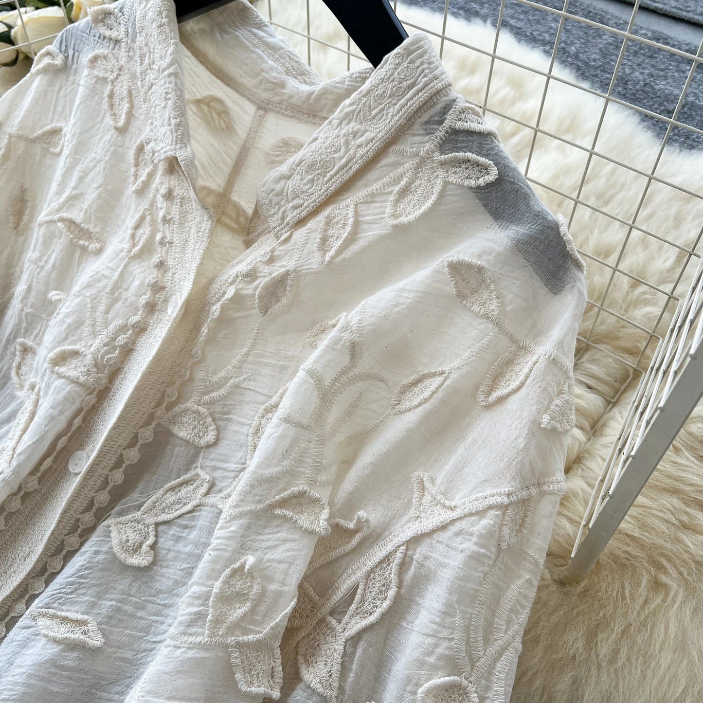 2025 Spring Gentle Women Blouse Leaves Embroidery Single Breasted Long Sleeves Summer Thin Streetwear Casual Shirt