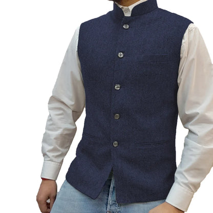 Men Vest Gray Herringbone Height Collar Single Button Waistcoat For Wedding Party Business Work Daily Casual Men Suit Vest
