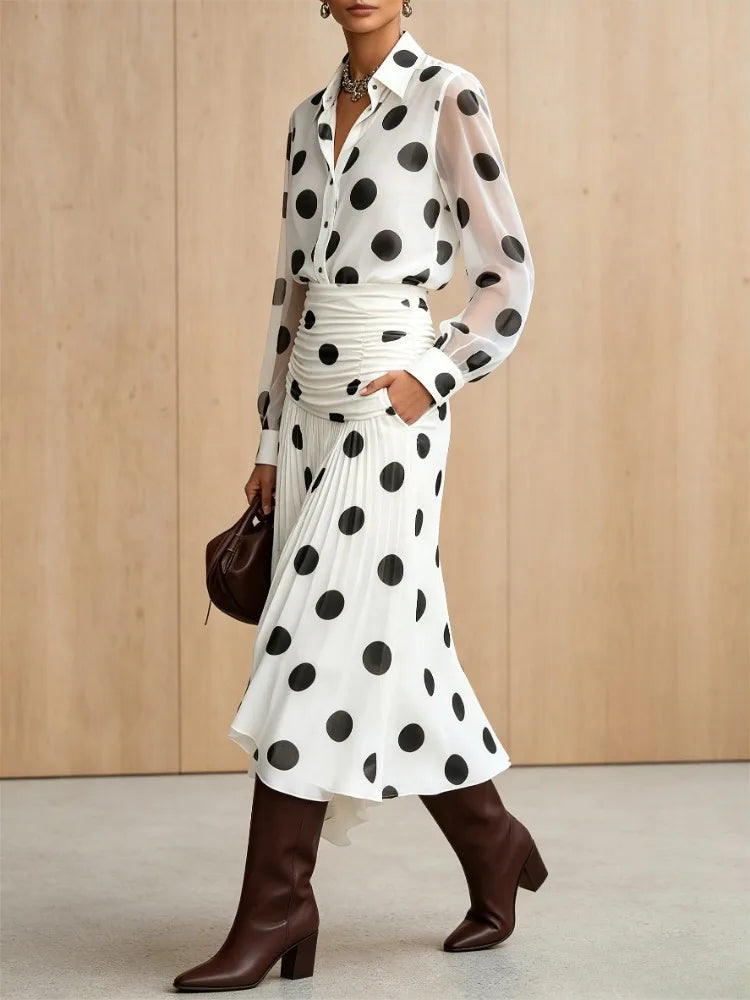Modigirl Women's Vintage Polka Dot Chiffon Shirt 2026 Semi Sheer Sleeves Slimming Versatile for Daily Office Early Autumn Wear