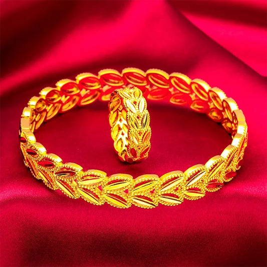 Bracelet et Bague en Or Pur 24 carats 9999 pour Femme, Bracelet et Bague Style Vigne Feuille, Cadeau Bijoux en Or