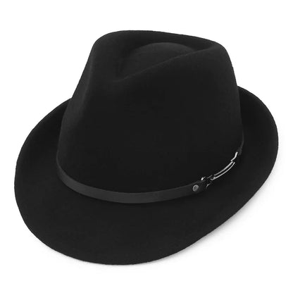 100% Wool Black Retro Felt Jazz Hats for Men Women Short Brim Gentleman Soft Trilby Fedora Panama Hat with Belt