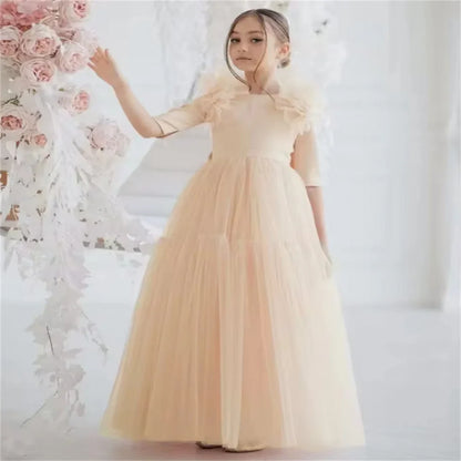 Light Pink Flower Girl Dresses Tulle With Bow Half Sleeve For Wedding Birthday Party Banquet Princess Gowns