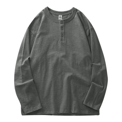 320G Heavyweight 100% Cotton Henley Neck T Shirt for Men Long-Sleeved Spring Autumn Casual Tops Solid Color Undershirts