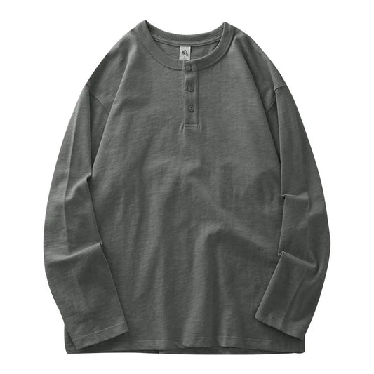 320G Heavyweight 100% Cotton Henley Neck T Shirt for Men Long-Sleeved Spring Autumn Casual Tops Solid Color Undershirts