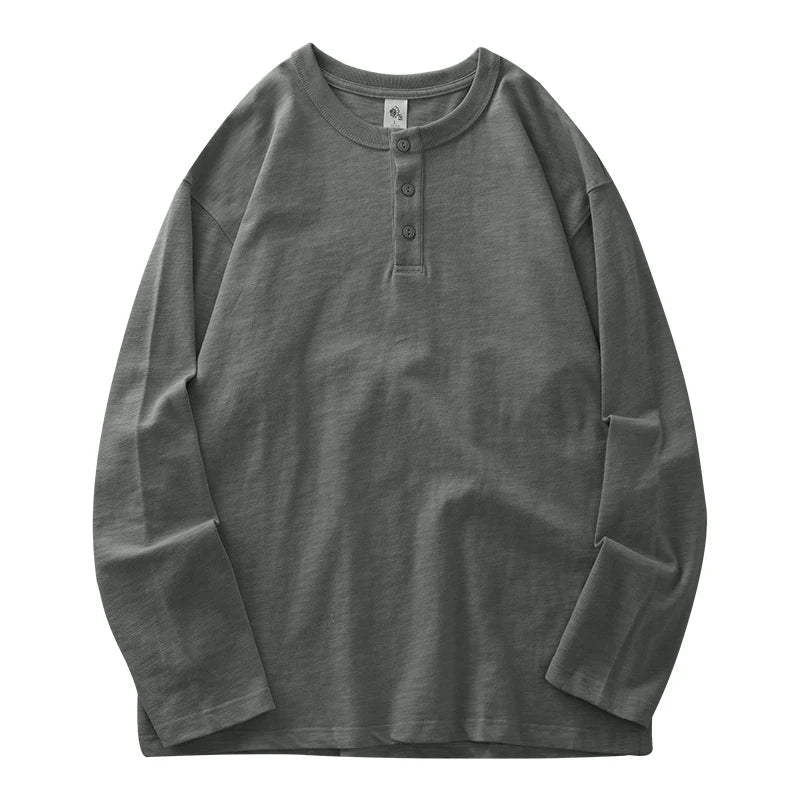 Dukeen 320G Heavyweight 100% Cotton Henley Neck T Shirt for Men Long-Sleeved Spring Autumn Casual Tops Solid Color Undershirts
