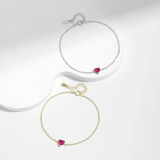Bracelet Cœur Zircon Rouge Romantique en Argent Sterling 925 - Élégante Chaîne de Maillons Simple pour Femme - Cadeaux de Bijoux Fins