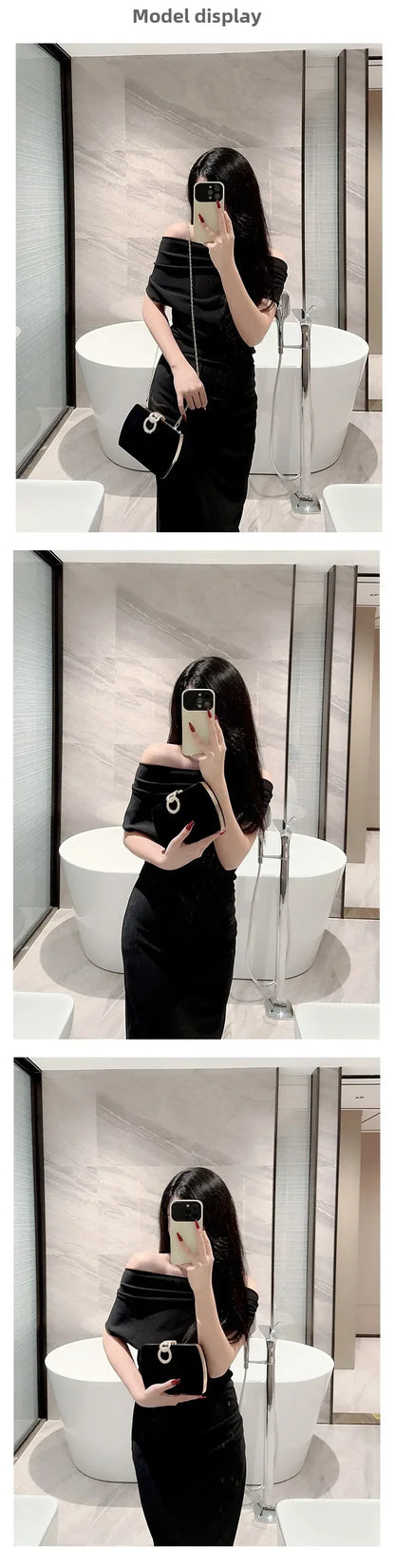 Ladies Autumn Winter Velvet Box Dinner Bag Sparkly Rhinestone Decoration Banquet Bag Clutch Evening Dress Bag Party