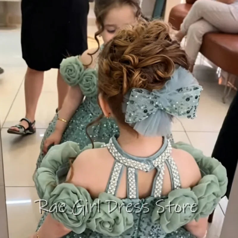 Green Tulle Flower Girl Dress Halter Cutout Back 3D Rose Decor A Line Mini Gown Confetti Sequin For Birthday Party Customized