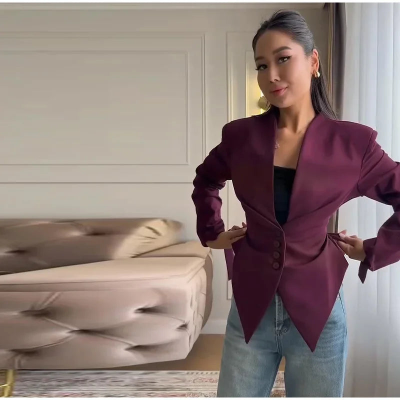 Chic Pleated Waist Cinched Women's Jacket V Neck Single Breasted Lace Up Blazer Coat Lady 2026 Casual Slim Commute Outerwear