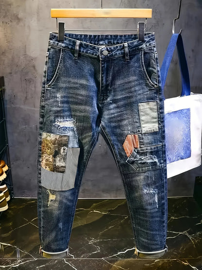 Retro Spliced jeans Men's Trendy Brand Ripped Bear Patch Loose Classic Man Pants Rhinestones Denims Tears Streetwear for Man