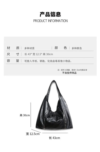 Rivet Women Shoulder Bag Large Capacity Versatile New Soft PU Single Shoulder Underarm Bag Casual Commuting Tote Black Handbag