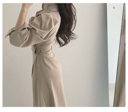 Early Autumn Shirt Dress Women's Mid-Length Asymmetrical Single-Button Notch Collar Slimming Style Commute Fashion