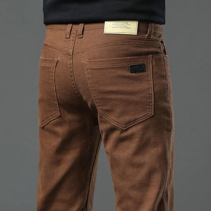 Army Green Elastic Cotton Jeans Men's Spring Fashion Slim Straight Denim Pants Comfort Large Size Korean Business Casual Trousers