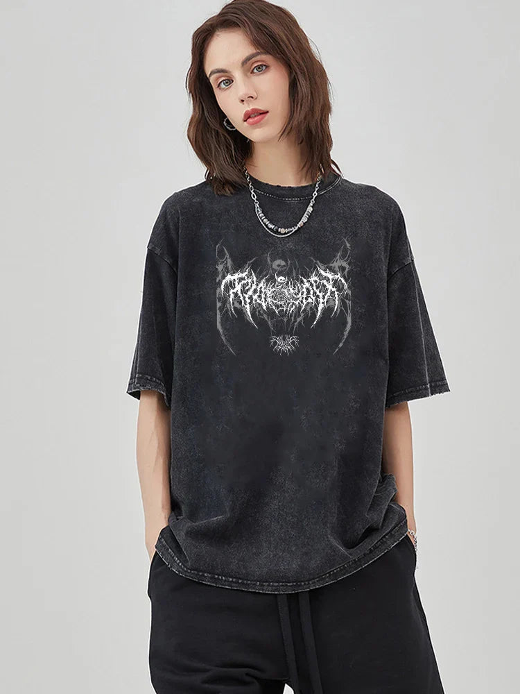 Y2k Harajuku Retro Acid T-Shirt Printed Pattern T-Shirt Streetwear Summer Pure Cotton Short Pure Cotton Washed Black Top Unisex