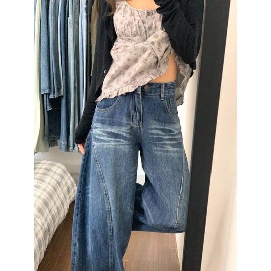 Chic American Street Style Vintage Curved Hem Jeans Women Edgy Design Loose Fit Slimming Wide Leg Floor Length Denim Pants