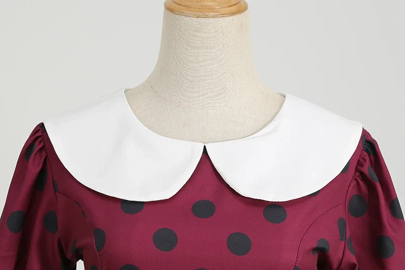 Elegant Women Summer Dress Puff Short Sleeve Polka Dot Peter pan Collar Vintage A-line Midi Long Party Sundress