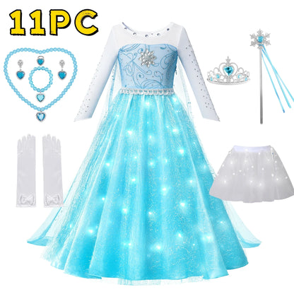 LED Girls Snow Kids Queen Costumes Girls Carnival Party Prom Gown Elsa Robe-Playing Children Princess Dress Birthday Dress