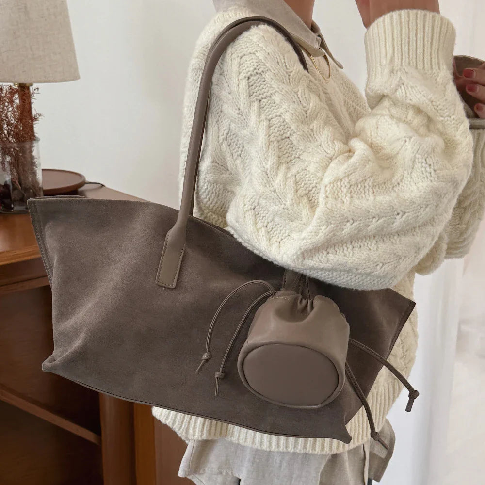 Vintage Large Capacity Suede Tote Bag Designer Trapeze Shoulder Bags for Women Luxury Genuine Leather Handbag and Purse 2026