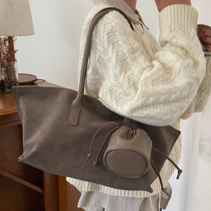 Vintage Large Capacity Suede Tote Bag Designer Trapeze Shoulder Bags for Women Luxury Genuine Leather Handbag and Purse 2026
