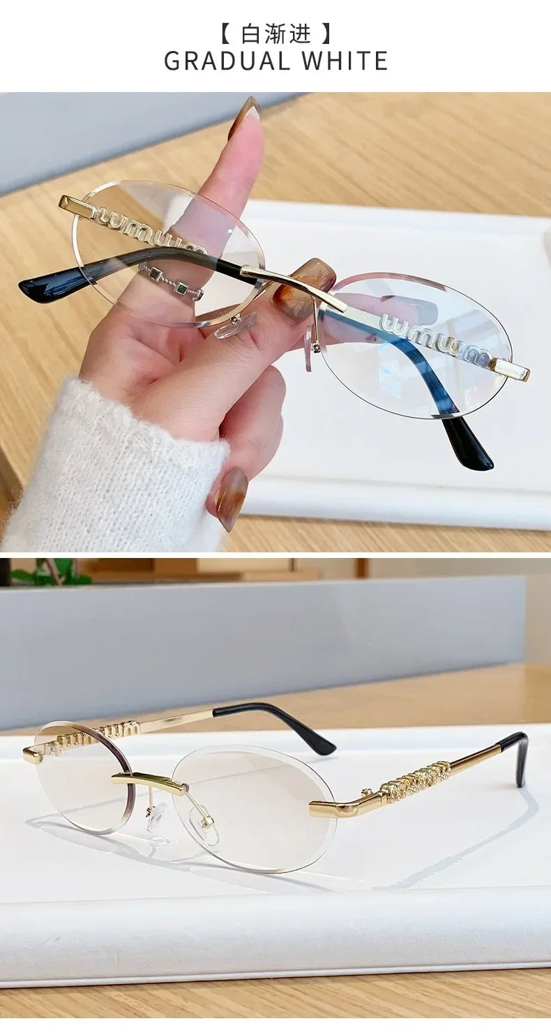 New Oval Rimless Sunglasses Women Luxury Fashion Narrow Sun Glasses Shades Trendy Elegant Diamond Eyewear Lentes De Sol Mujer