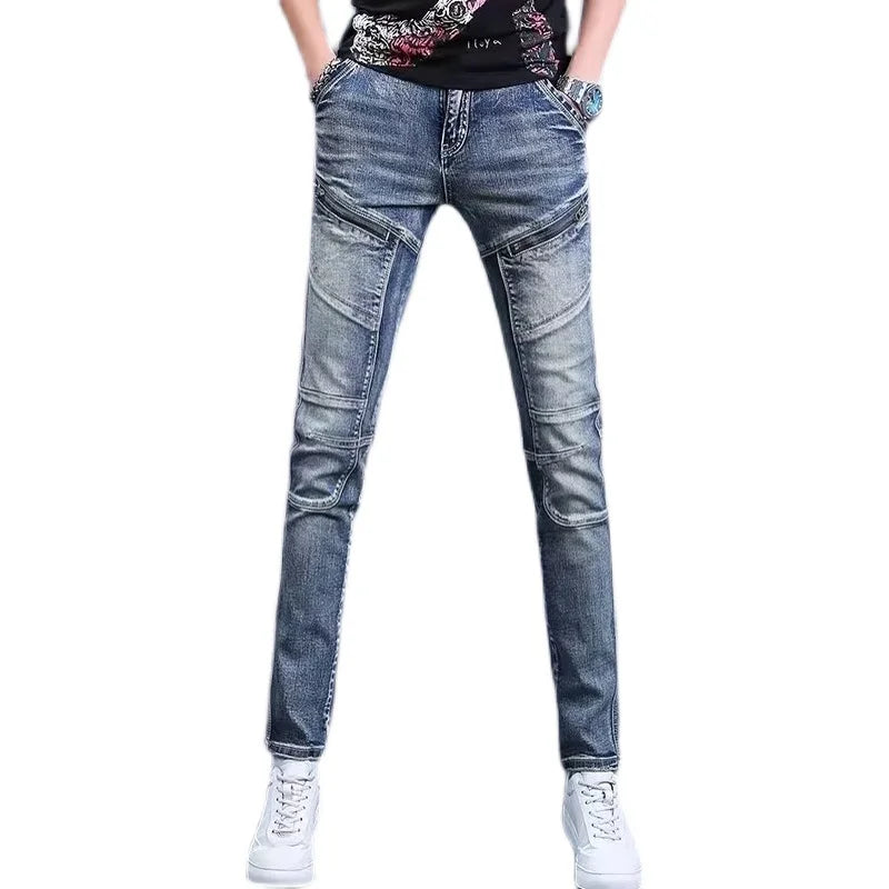 High-End Men's Slim Fit Jeans with Zipper Splicing Elastic Casual Long Trousers Trendy Retro Style Cotton Stretch Denim
