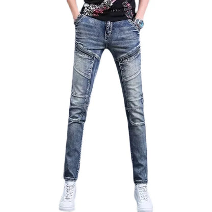 High-End Men's Slim Fit Jeans with Zipper Splicing Elastic Casual Long Trousers Trendy Retro Style Cotton Stretch Denim