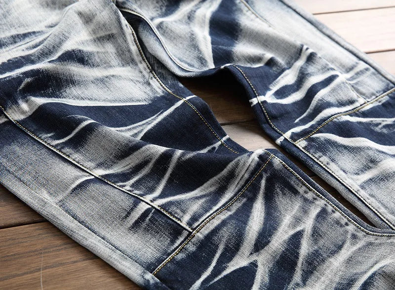 2026 Men's Fashion Vintage Jeans Slim Straight Leg Tie Dye Pleated Biker Denim Pants Male Casual Pants Oversized 42 High Quality