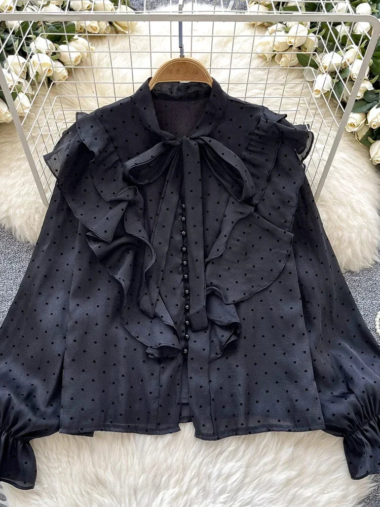 French Sweet Long Sleeved Blouse Women's Clothing Spring Autumn Bow Ruffle Edge Polka Dot Printed Chiffon Shirt Top C42
