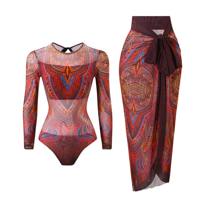 S - XXL Printed Long Sleeve With Sarong One Piece Swimsuit Women Swimwear Female Flowers Padded Bather Bathing Suit Swim V7181