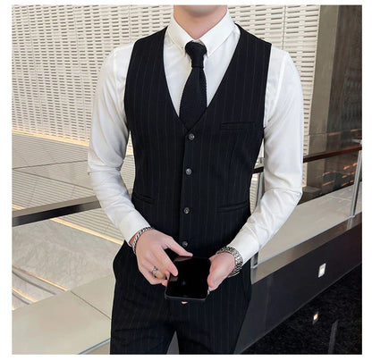 Winter Stripes Three-piece High-Grade Groom Wedding Suit with Vest And Trousers Business Fashion Handsome Casual Wedding Outfit