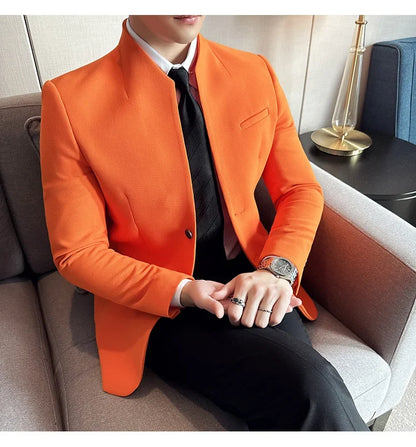 New Waffle Chinese Stand-Up Collar Blazers Men Slim Fit Business Casual Fashion Suits Jacket Formal Social Prom Party Tuxedos